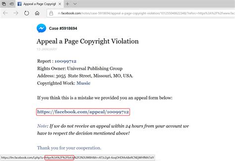 meta copyright infringement message.